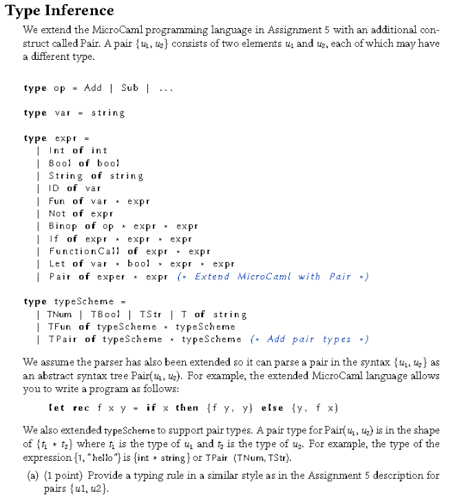  Type Inference We extend the MicroCaml programming language in Assignment 5