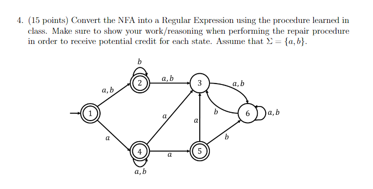  (15 points) Convert the NFA into a Regular Expression using the