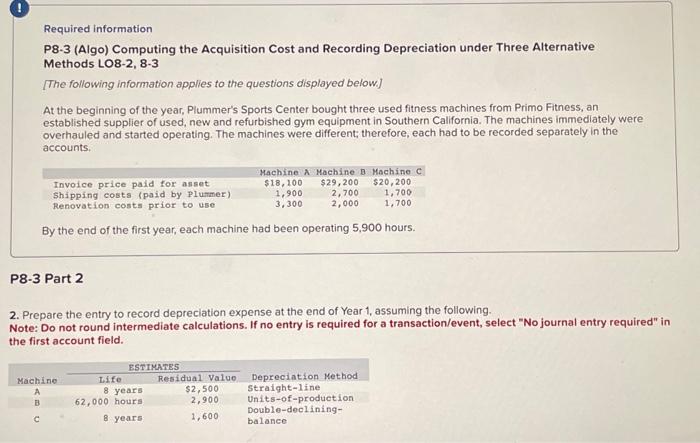  Required information P8-3 (Algo) Computing the Acquisition Cost and Recording Depreciation