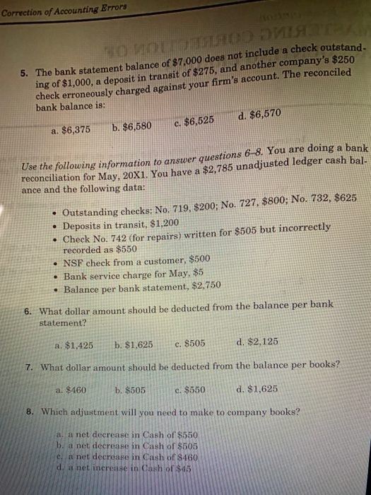 please answer from 5-8 Correction of Accounting Errors 5. The bank statement