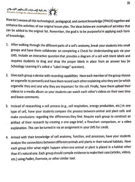 Reflect on the technology integration made using the model and share an