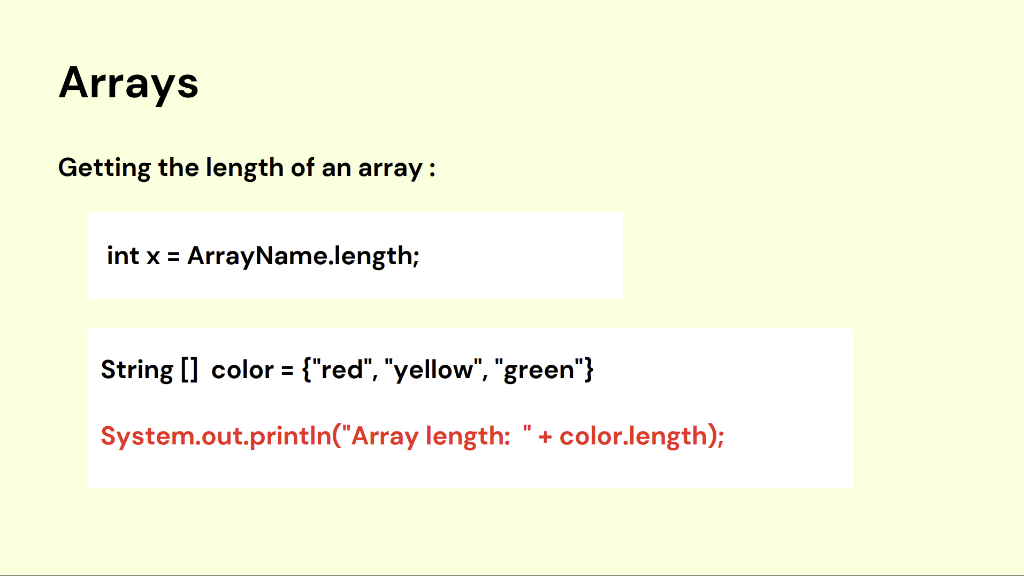value is in the following positions: String[]color={"orange","yellow","green"}color[0];color[3] Updating an array element: Getting