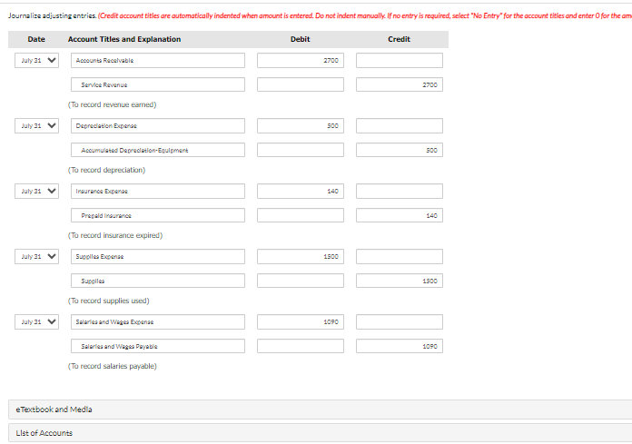 at July 31 were $2,700. (2) Depraciation on aquipment for the month