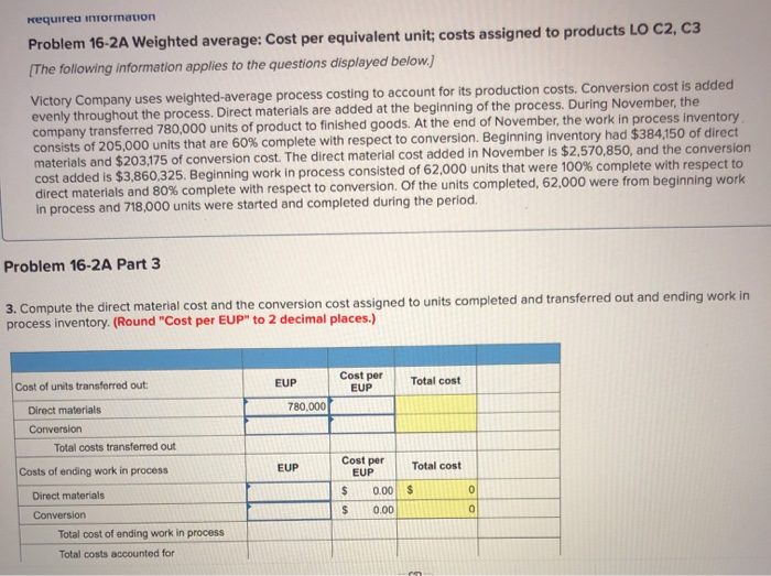  requirea information Problem 16-2A Weighted average: Cost per equivalent unit; costs