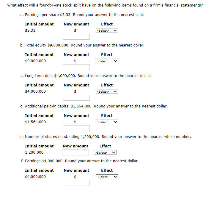 What effect will a four-for-one stock split have on the following