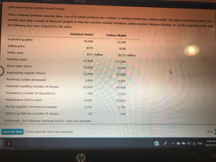  Please show working and answer in order Unit-Based Versus Activity-Based Costing