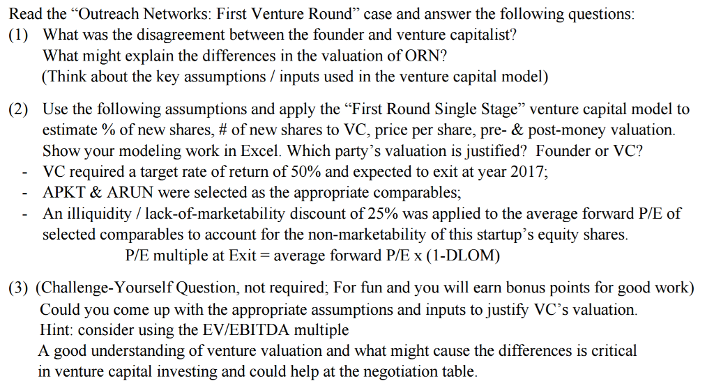  Read the "Outreach Networks: First Venture Round" case and answer the