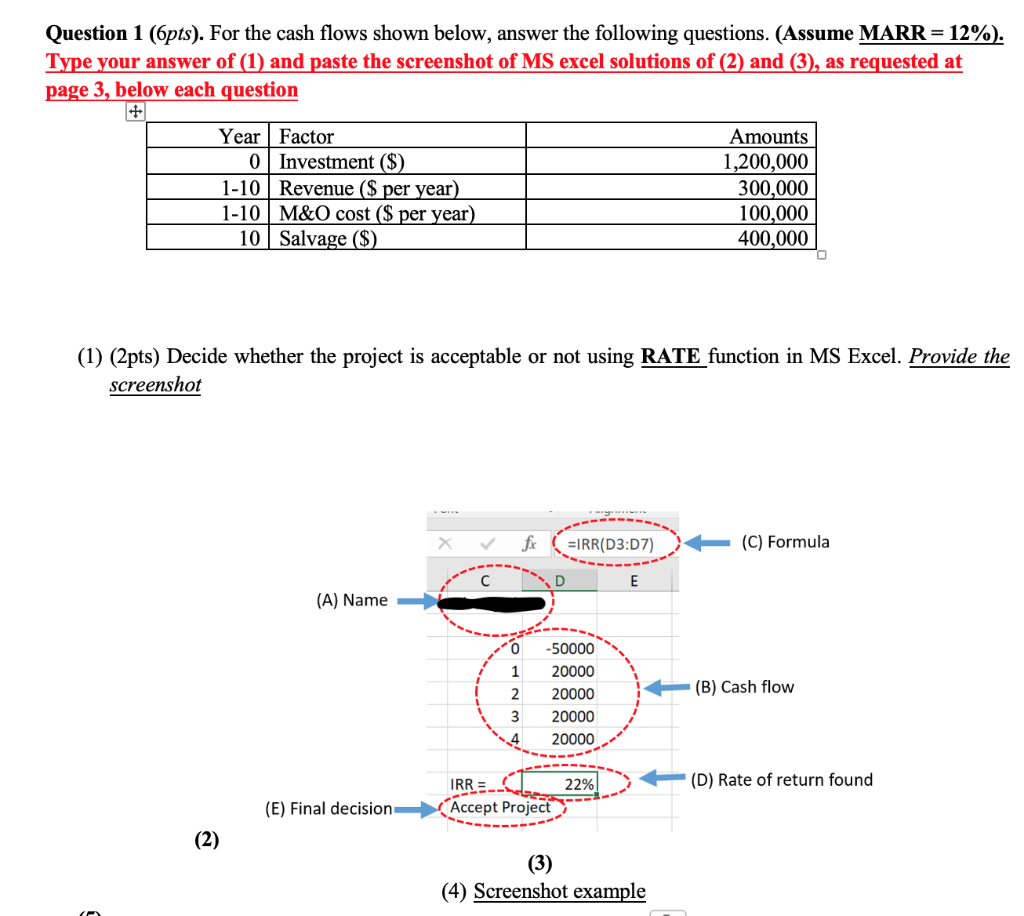 Question 1 (6pts). For the cash flows shown below, answer the