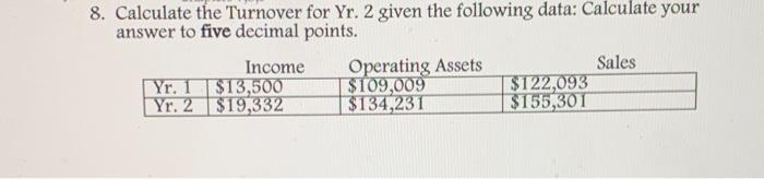 calculate the turnover for yr. 2 given the following data: calculate your