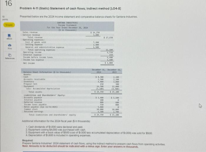  Probiem 4-11 (Static) Statement of cosh fiows; Indirect method [LO4-8] Presented