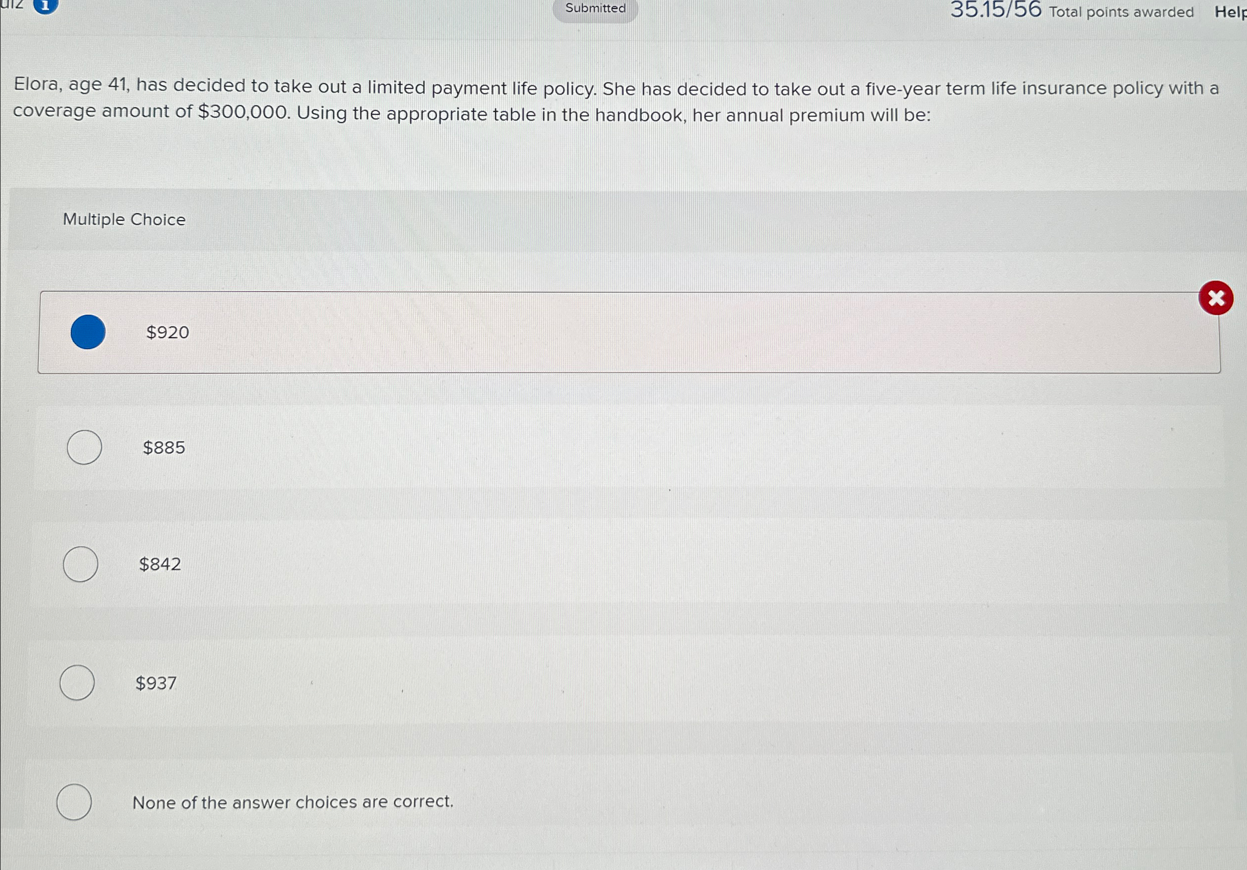  35.15/56 Total points awarded Help Elora, age 41, has decided to