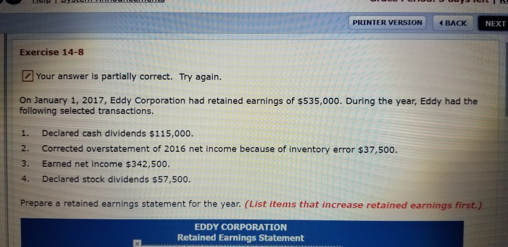  PRINTER VERSION BACK NEXT Exercise 14-8 Your answer is partially correct.