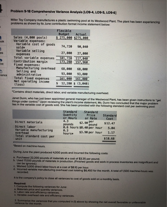  1 Problem 9-18 Comprehensive Variance Analysis (L09-4, LO9-5, LO9-6) ook es