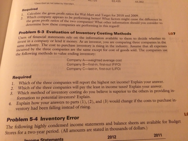 Problem 5-3 Evaluation of inventory costing methods Users of financial statements rely