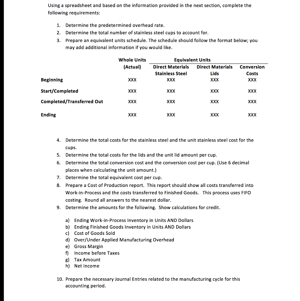  Using a spreadsheet and based on the information provided in the