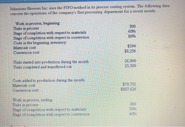  Johnstone Brewers Inc. uses the FIFO method in its process costing