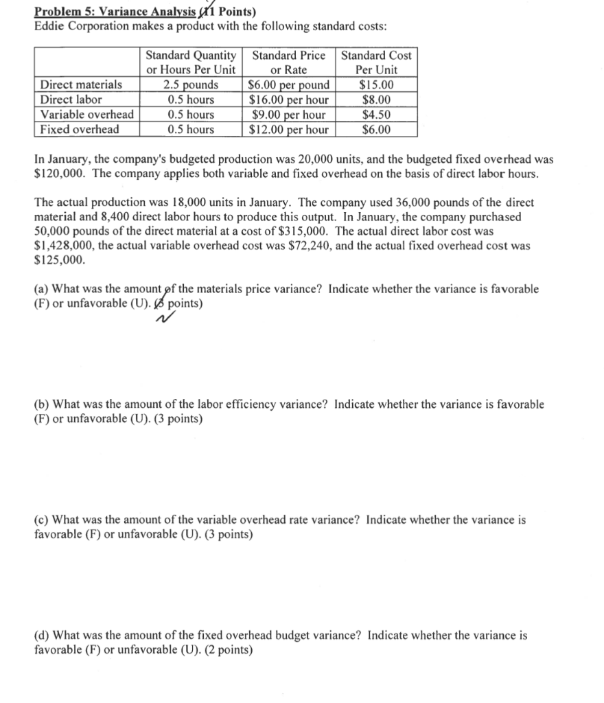  Problem 5: Variance Analysis (1 Points) Eddie Corporation makes a product