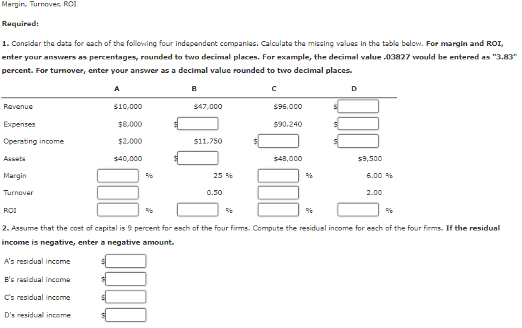  Margin, Turnover, ROI Required: 1. Consider the data for each of