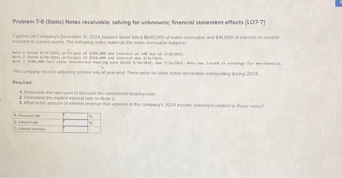  Problem 7.6 (Static) Notes receivable; solving for unknowns; financial stotement effects