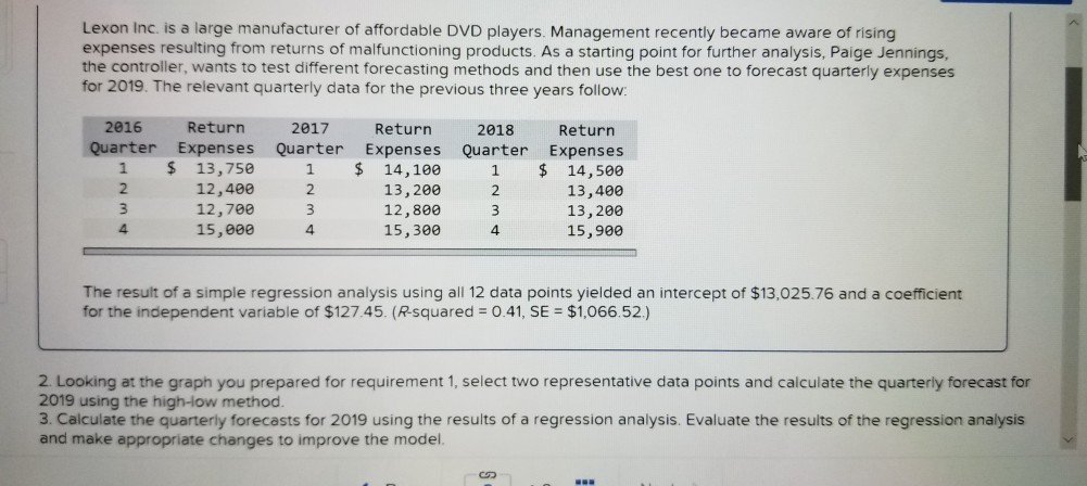 only need answer to number 3 quarterly forecasts using regression analysis