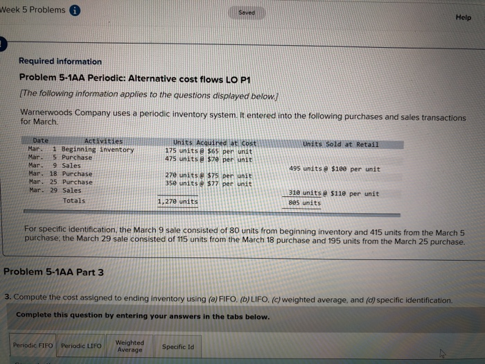  Week 5 Problems Saved Help Required information Problem 5-1AA Periodic: Alternative