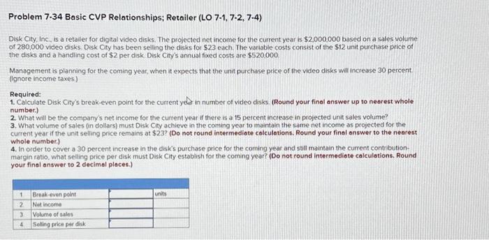  Problem 7.34 Basic CVP Relationships; Retailer (LO 7.1, 7.2, 7.4) Disk