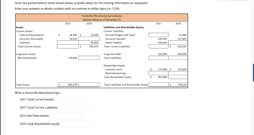  Given the partial balance sheet shown below, provide values for the