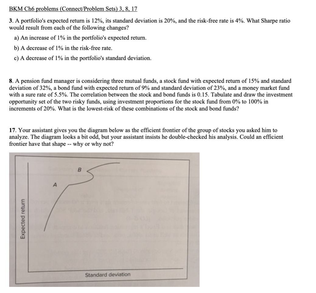  BKM Ch6 problems (Connect/Problem Sets)3,8,17 A portfolio's expected return is 12%,