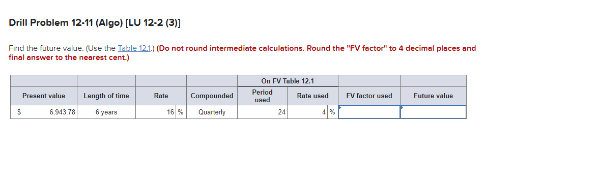 Find the future value. (Use the Table 12.1.) (Do not round