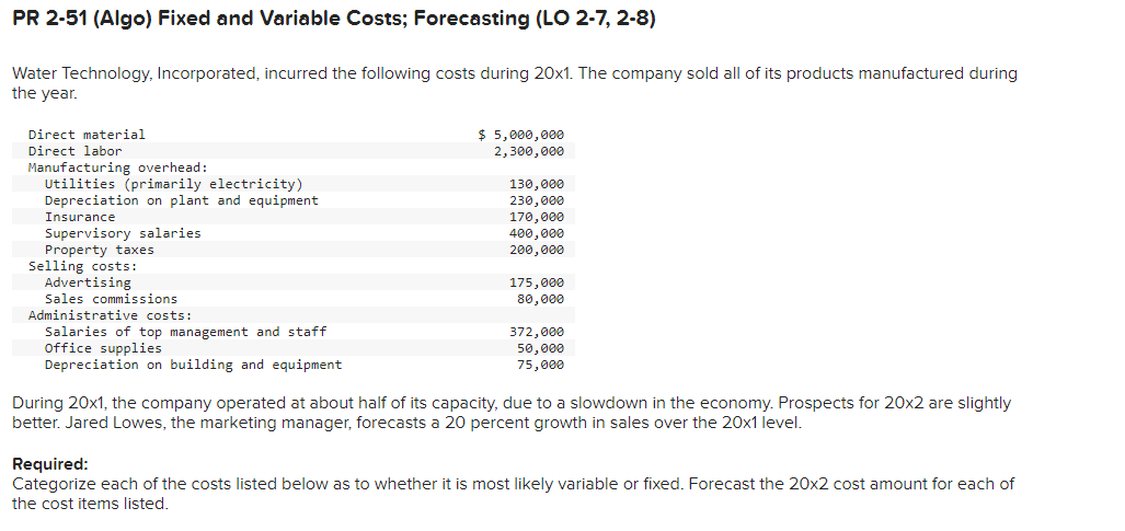 PR 2-51 (Algo) Fixed and Variable Costs; Forecasting (LO 2-7, 2-8)