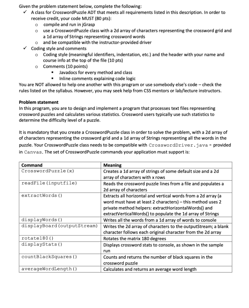  Given the problem statement below, complete the following A class for