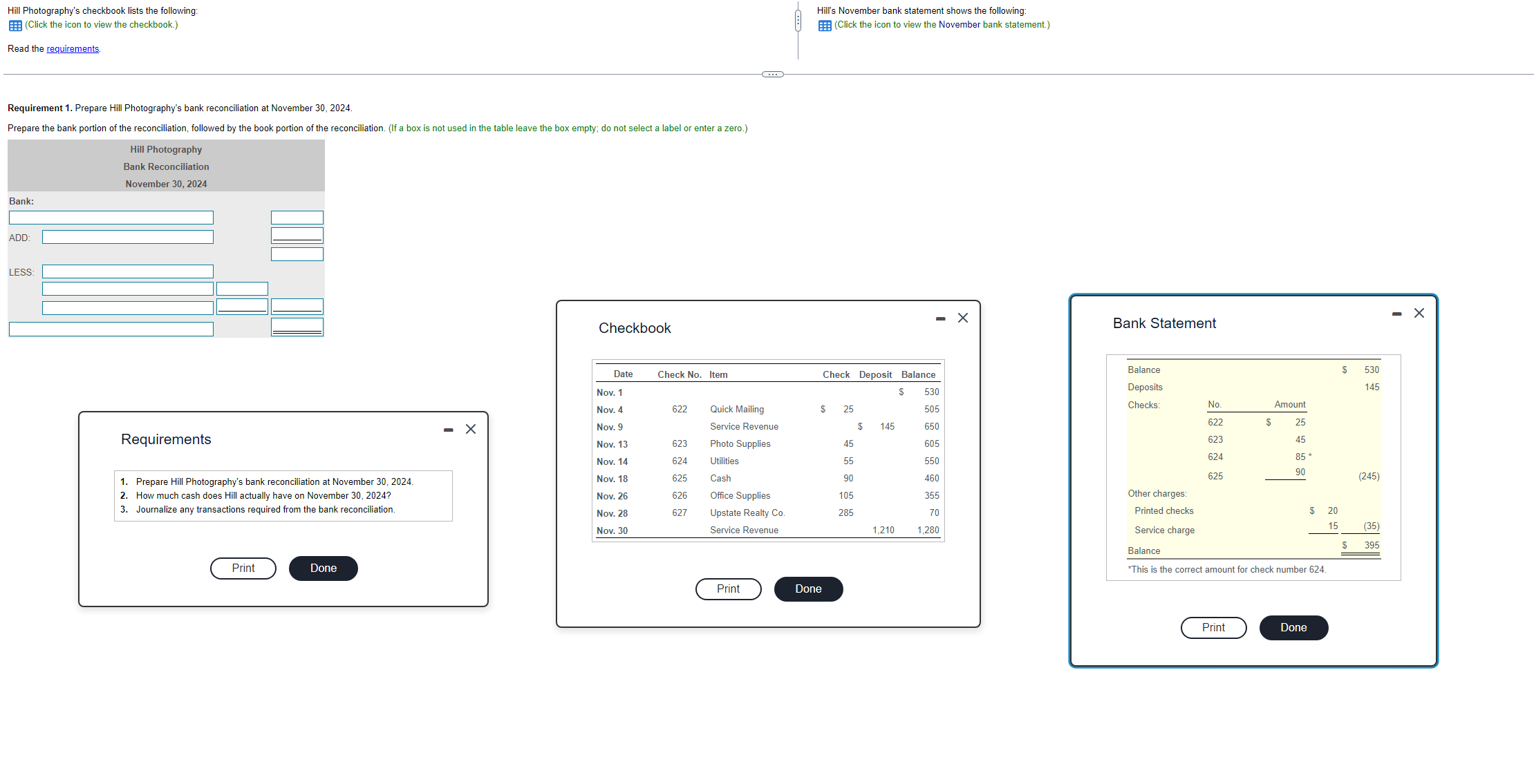 Chapter 7 Question 4 Answer all the requirements, please. Hill Photography's checkbook