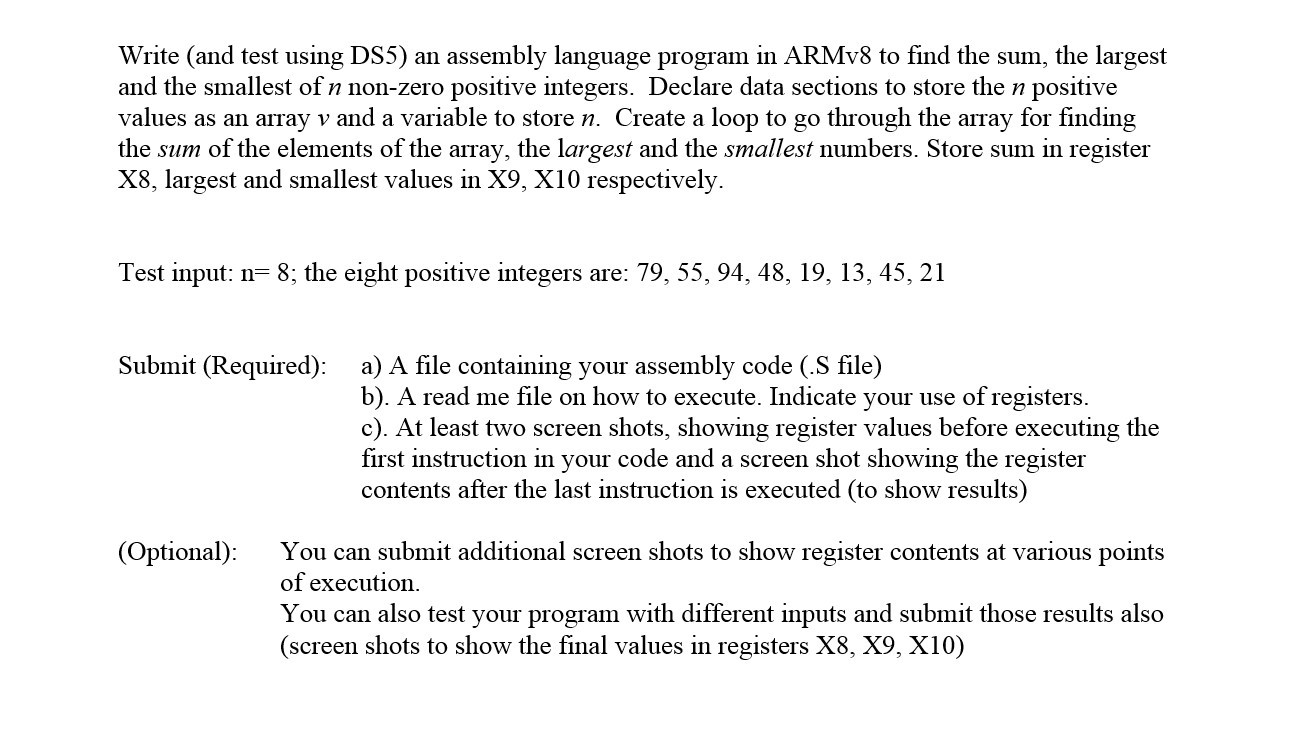  Write (and test using DS5) an assembly language program in ARMv8