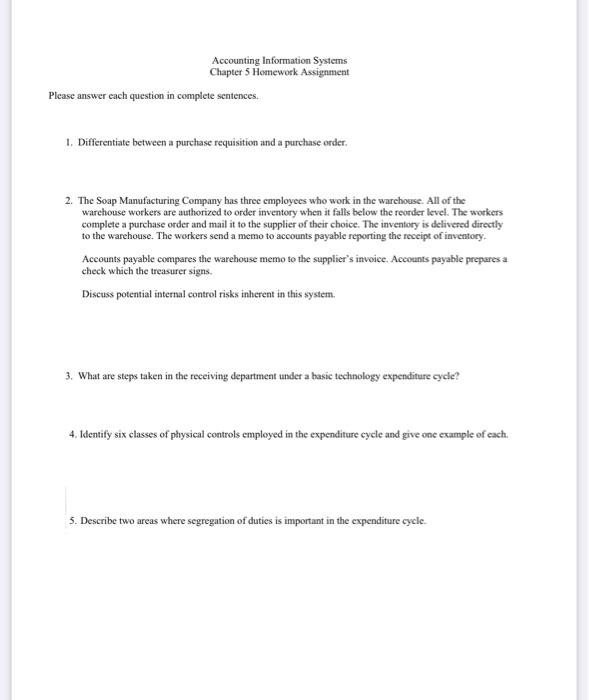  Accounting Information Systems Chapter 5 Homework Assignment Please answer each question