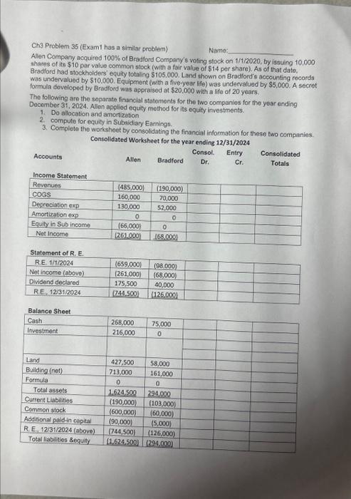  Ch3 Problem 35 (Exam1 has a similar problem) Name: Allen Company