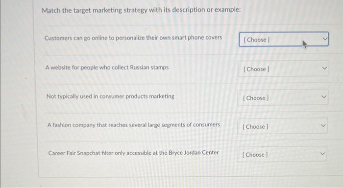  Match the target marketing strategy with its description or example: Customers