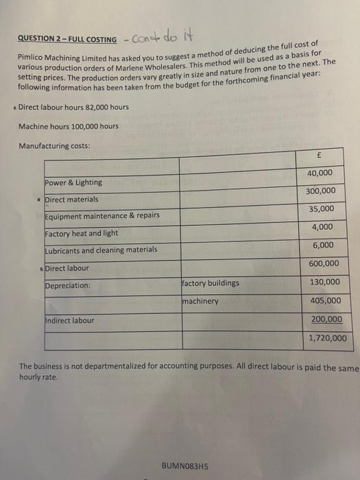  QUESTION 2-FULL COSTING - Cond do it Pimlico Machining Limited has