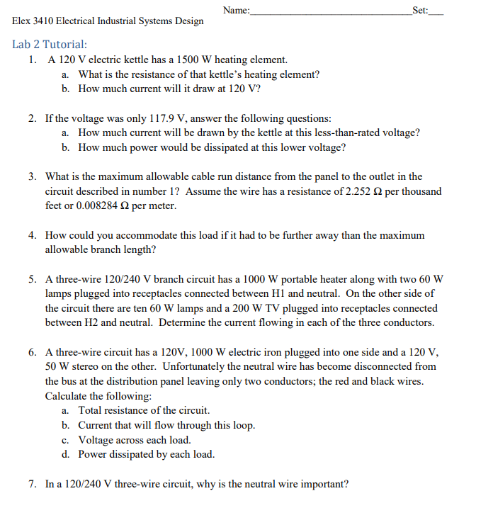  Name: Set: Elex 3410 Electrical Industrial Systems Design Lab 2 Tutorial: