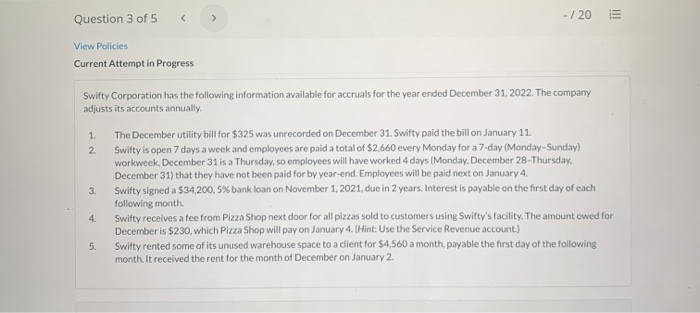  - /20 III View Policies Current Attempt in Progress Swifty Corporation