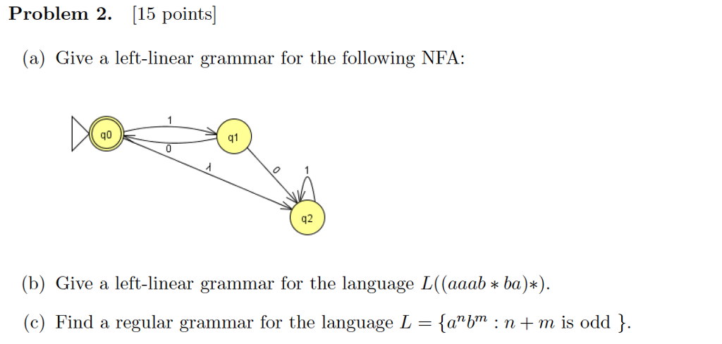 Problem 2. 15 points (a) Give a left-linear grammar for the