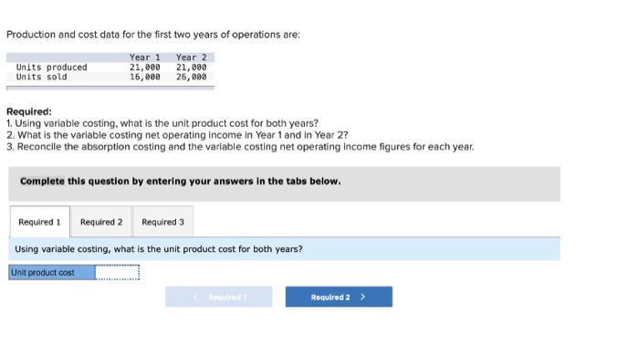 Company's first two years of operations, it reported absorption costing net operating