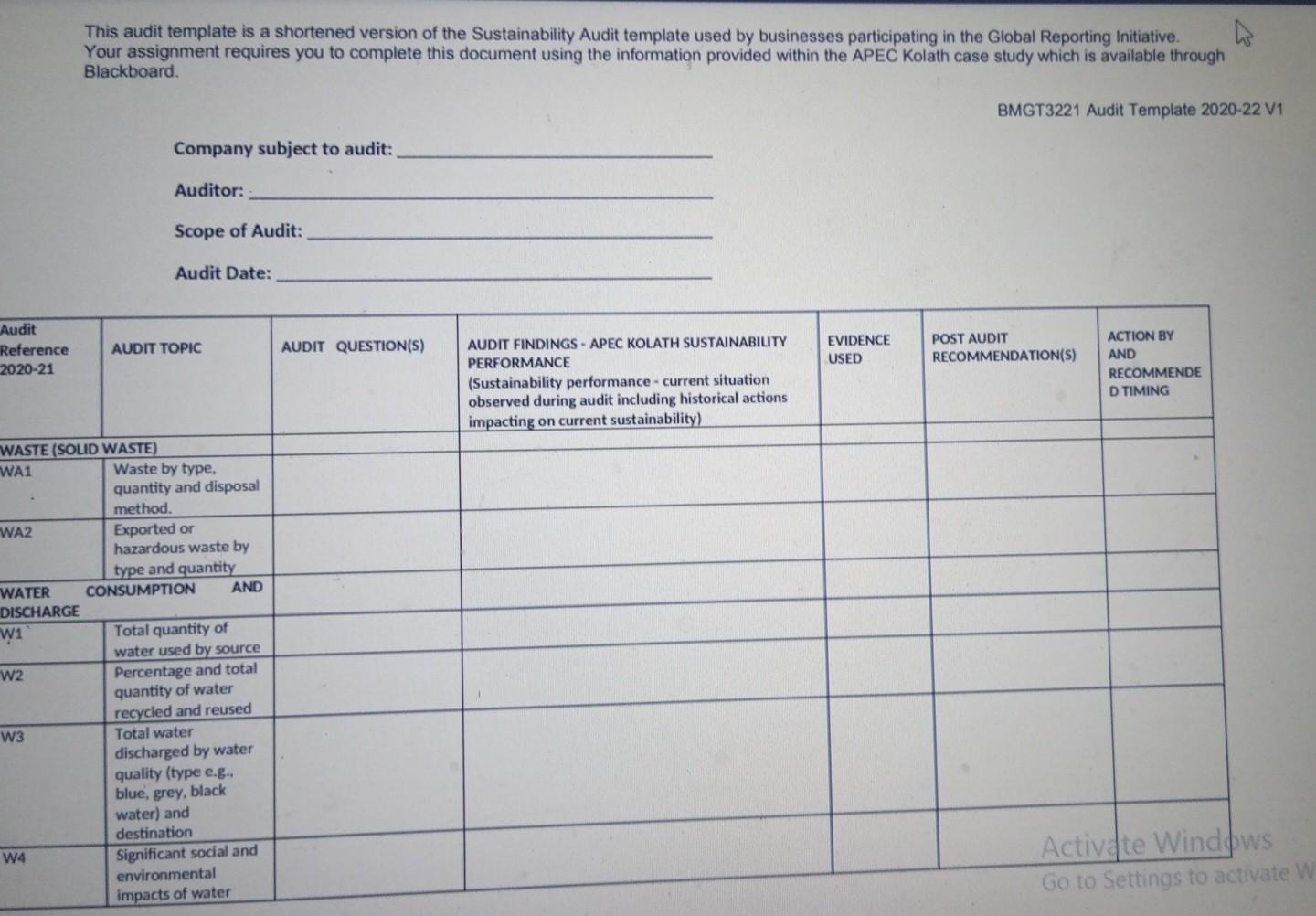 a sustainability audit of APEC Kolath (using the template provided) and recommend