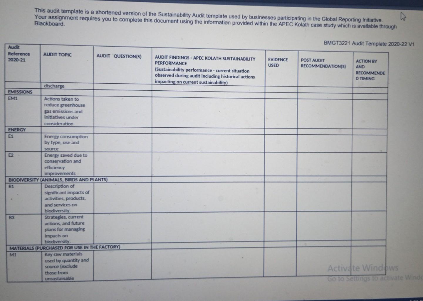 actions to manage the sustainability performance of the company. The audit, its