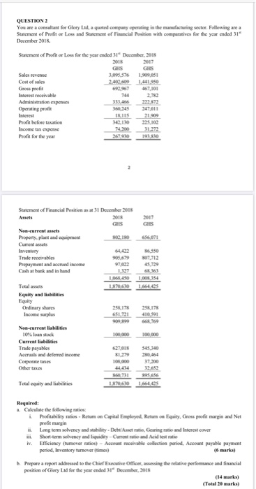 Financial Reporting Question QUESTION 2 You are a consultant for Glory Lad,