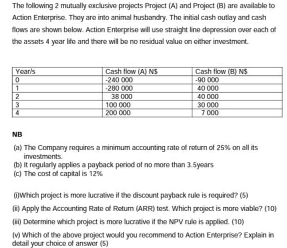  The following 2 mutually exclusive projects Project (A) and Project (B)