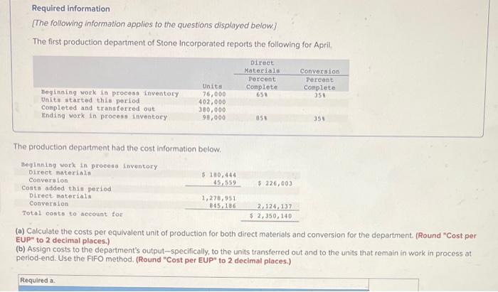 for both direct materiais and conversion. (Round "Cost per EUP" to 2