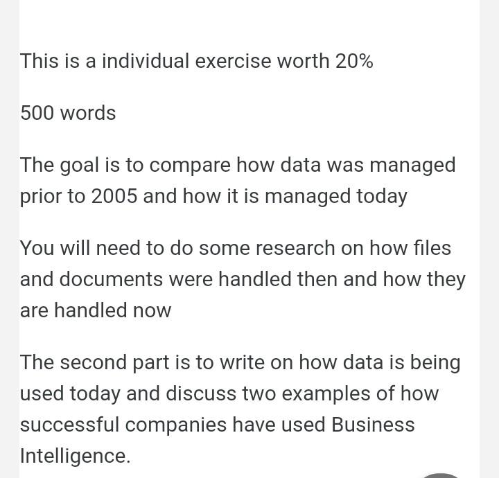  This is a individual exercise worth 20% 500 words The goal