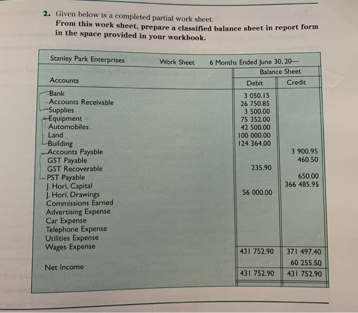  2. Given below is a completed partial work sheet. From this
