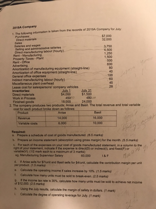  I need help part e to part I 2019A Company 1.
