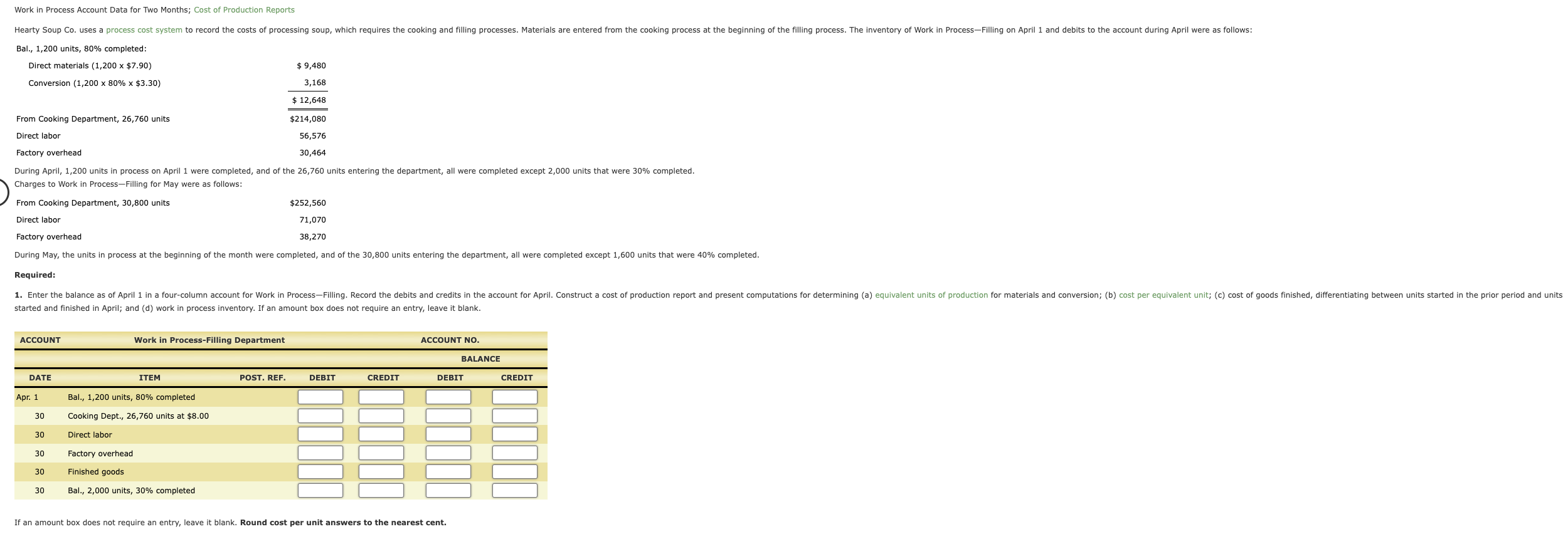  Work in Process Account Data for Two Months; Cost of Production
